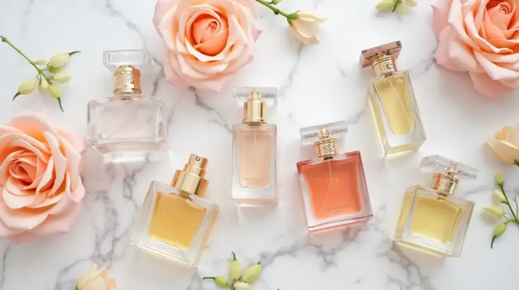 Best perfume for women collection featuring luxury fragrance bottles on marble surface