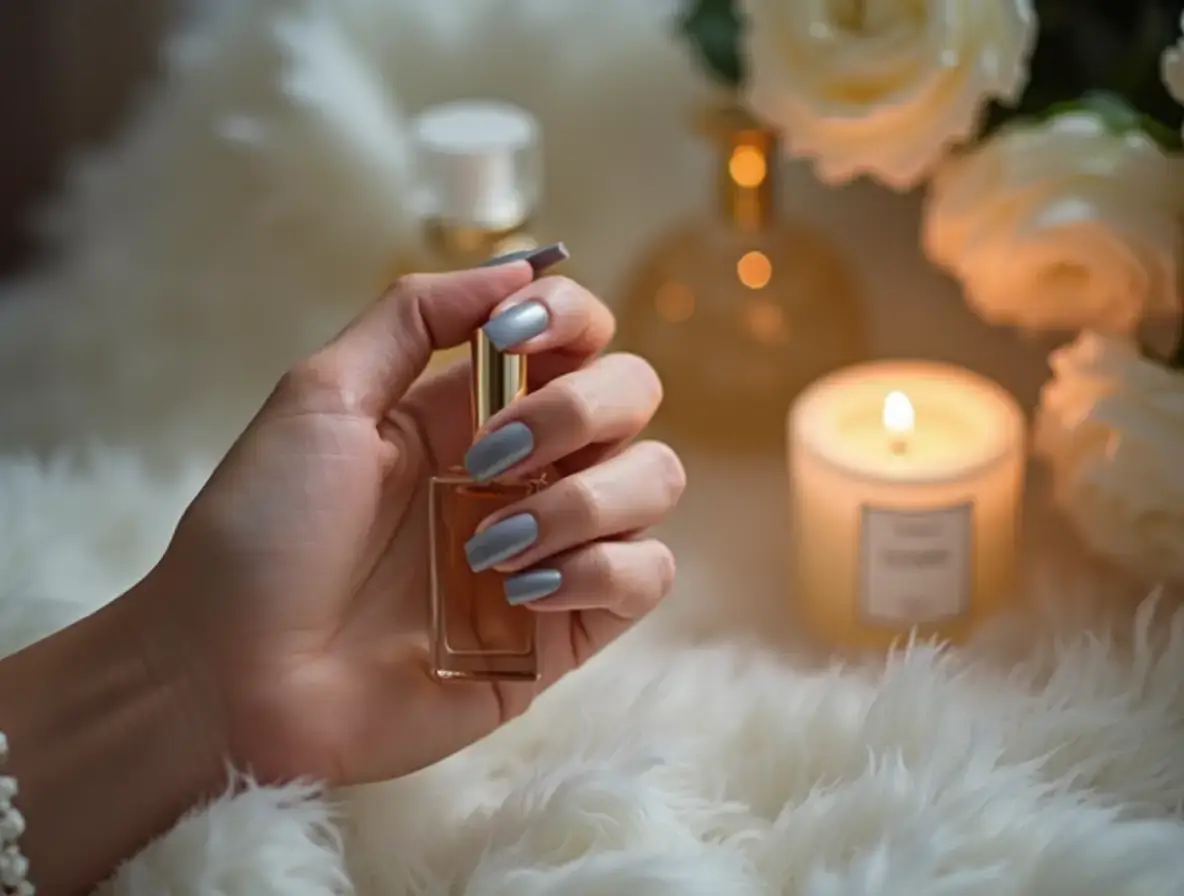 Woman testing perfume on her wrist with elegant bottles and flowers in the background