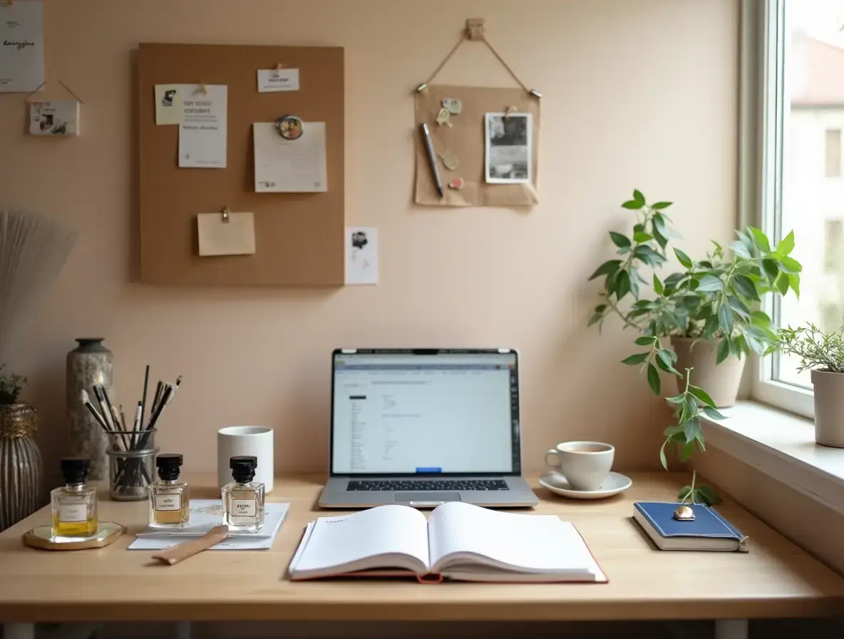 Creative workspace with perfume samples, notes, and mood boards in a cozy studio setting