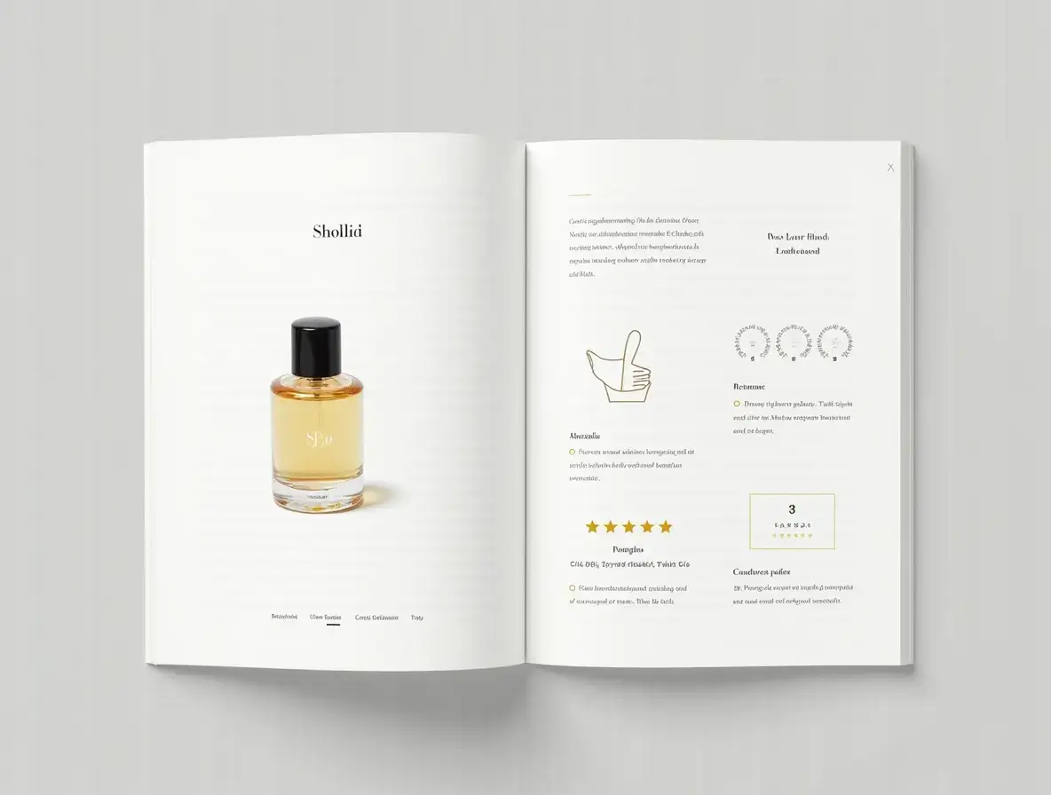 Visual breakdown of perfume review process with bottle, rating stars, and review notes